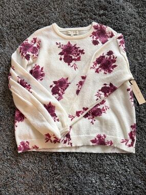 Floral Crewneck Sweater in White with Berry Rose Print